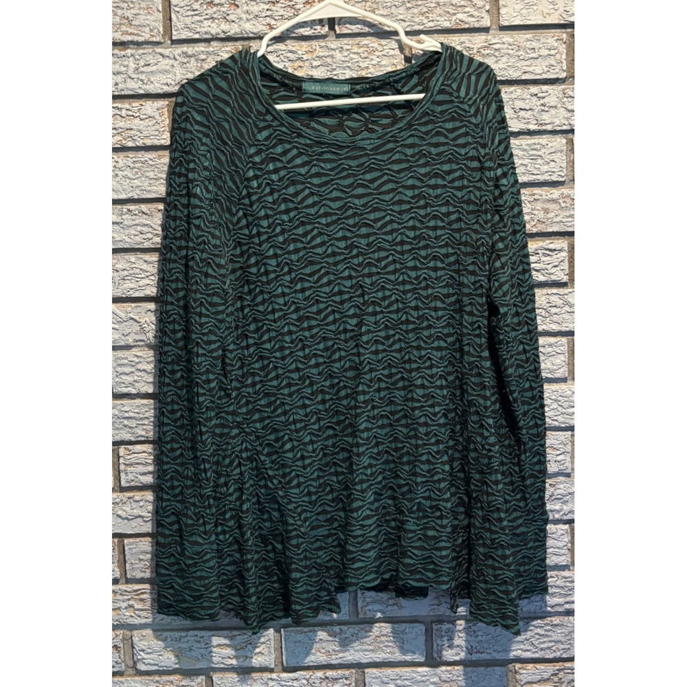Cut Loose Womens XL Teal Green Black Textured Crinkle Knit Long Sleeve Top